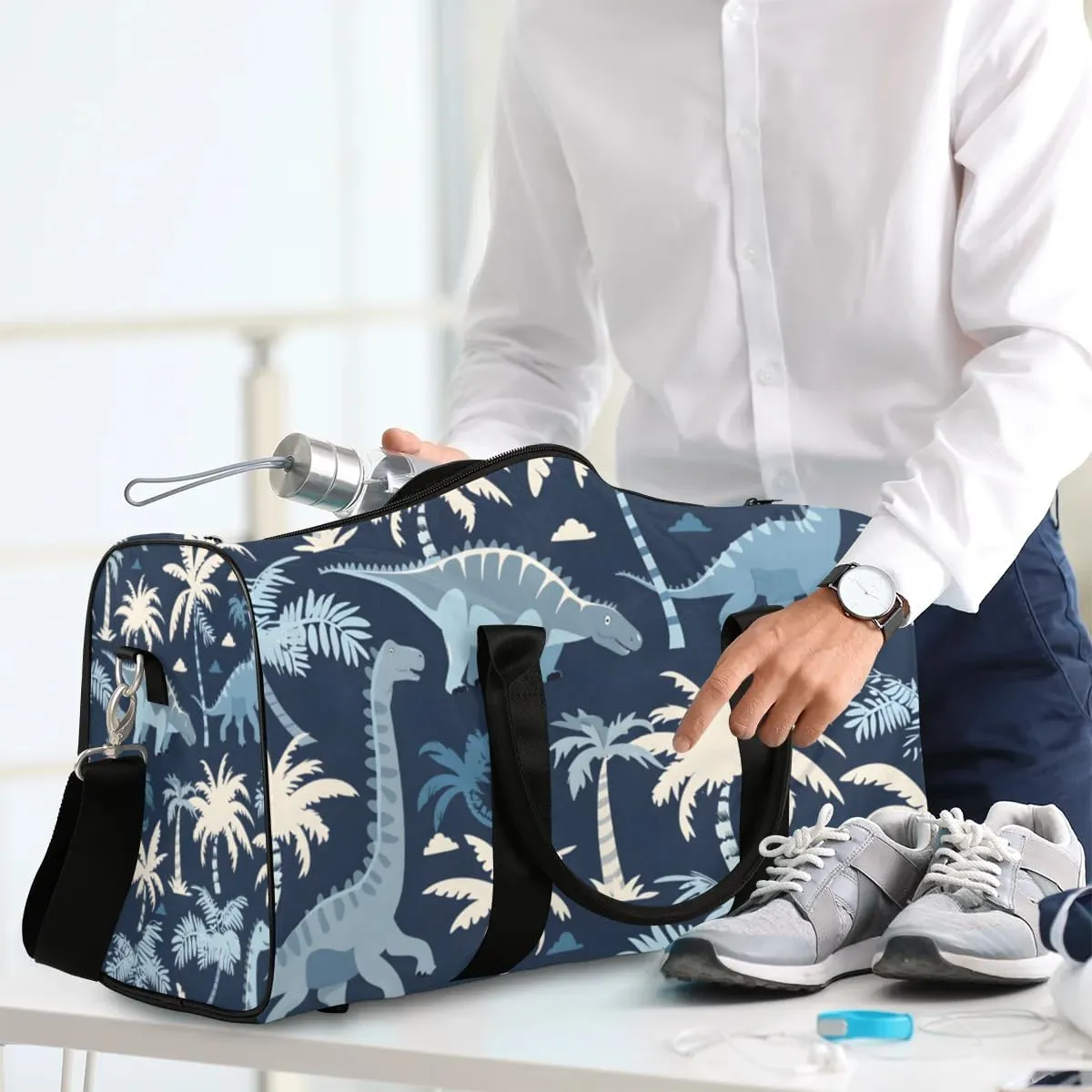 Travel Duffle Bag Dinosaur Palm Tree Gym Bags for Men Women Travel Duffel Bags with Adjustable Shoulder Strap Carry On Weekender Bag