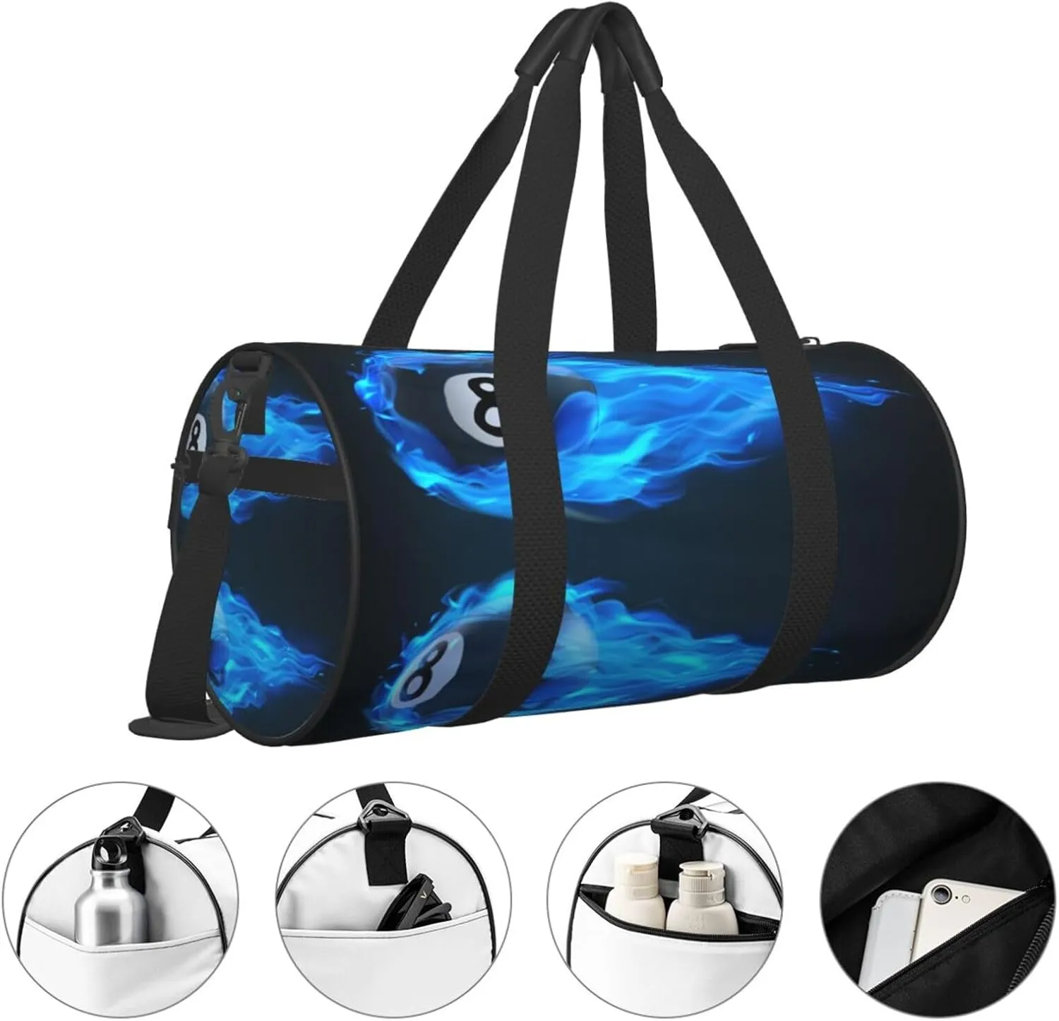 Travel Duffle Bag for Men Women, Billiard 8 Ball Blue Fire Duffle Bags for Sport Gym Overnight Luggage