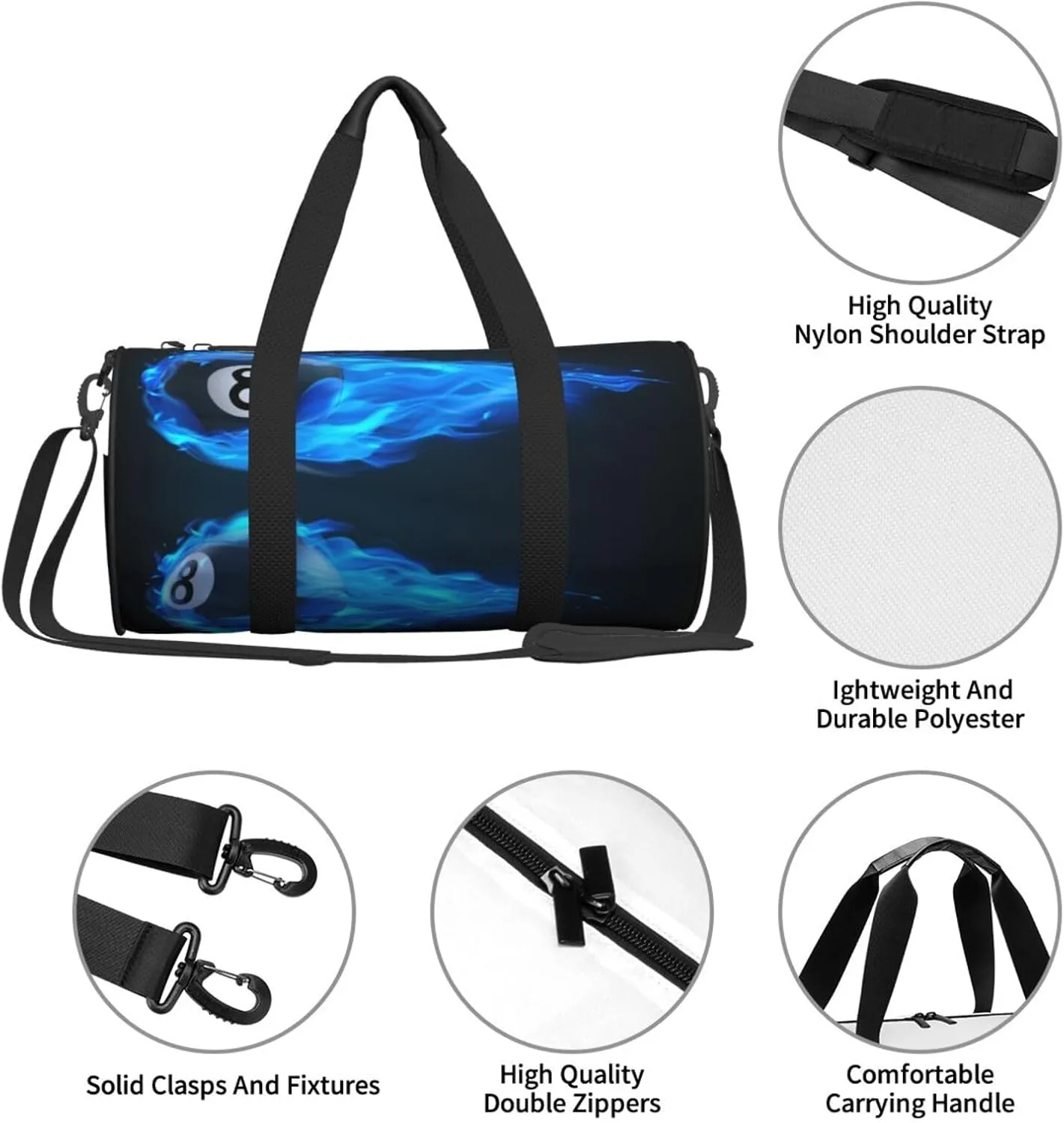 Travel Duffle Bag for Men Women, Billiard 8 Ball Blue Fire Duffle Bags for Sport Gym Overnight Luggage