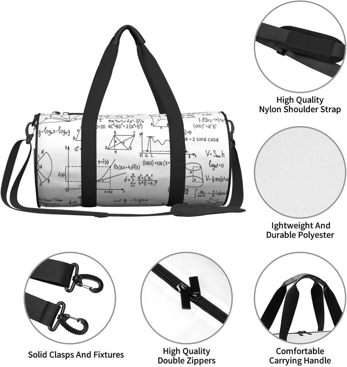 Travel Duffle Bag for Men Women, Math Geometry Formulas Science Duffle Bags for Sport Gym Overnight Luggage