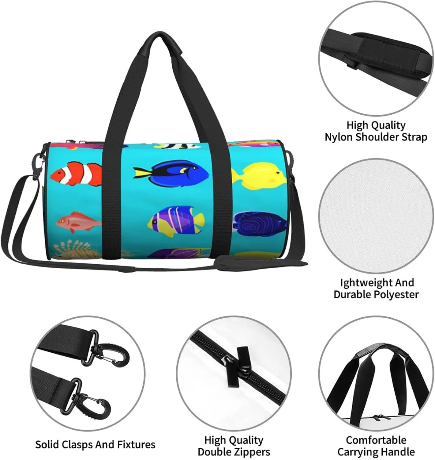Travel Duffle Bag for Men Women, Sea Fish Flat Ocean Duffle Bags for Sport Gym Overnight Luggage