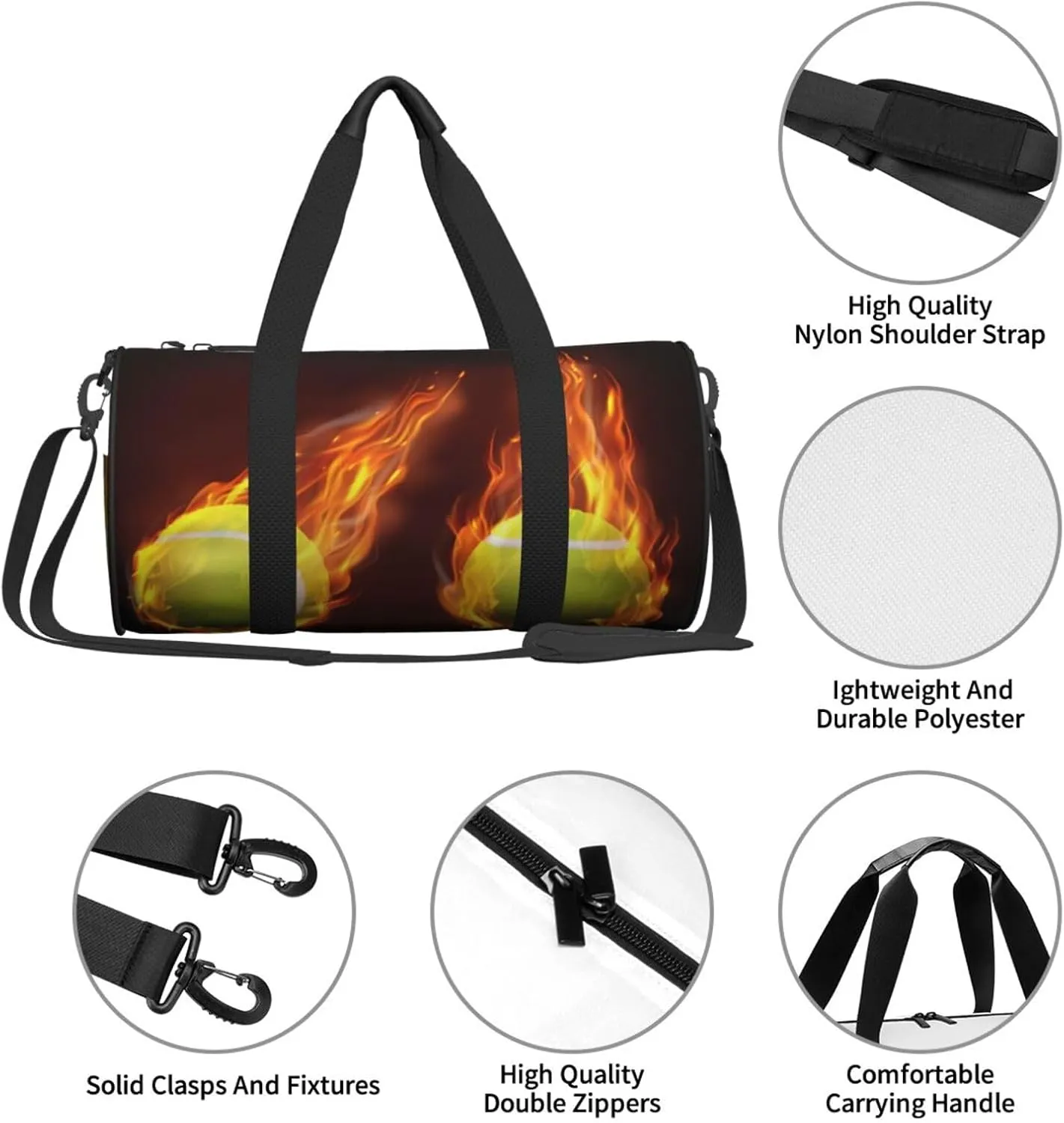 Travel Duffle Bag for Men Women, Tennis Balls Flying Flames Duffle Bags for Sport Gym Overnight Luggage