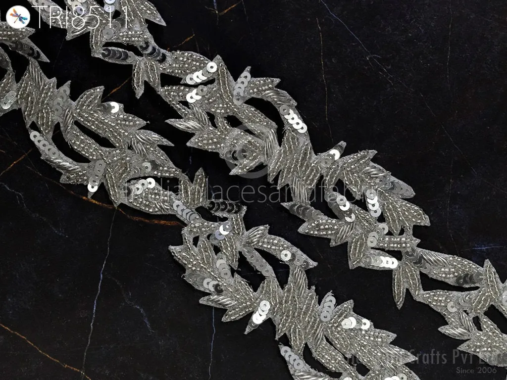 Trim by 3 Yards Handmade Silver Zardozi | Indian Sari Border Wedding Bridal Belt Sash Saree Embroidered Zari Decorative Handcrafted Trimming