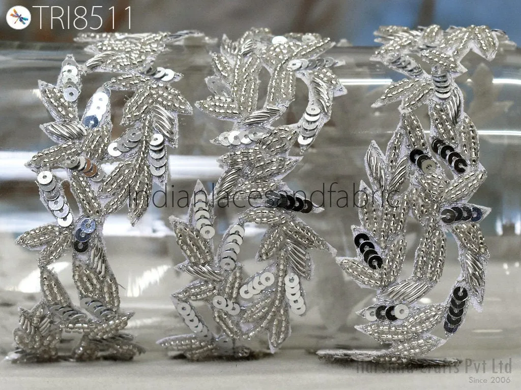 Trim by 3 Yards Handmade Silver Zardozi | Indian Sari Border Wedding Bridal Belt Sash Saree Embroidered Zari Decorative Handcrafted Trimming