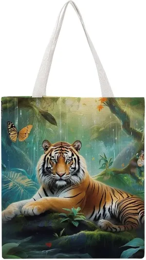 Tropical Rainforest Animal Tiger Printing Canvas Tote Bag Reusable Grocery Shopping Bags Washable Handbag 15 X 16 Inch