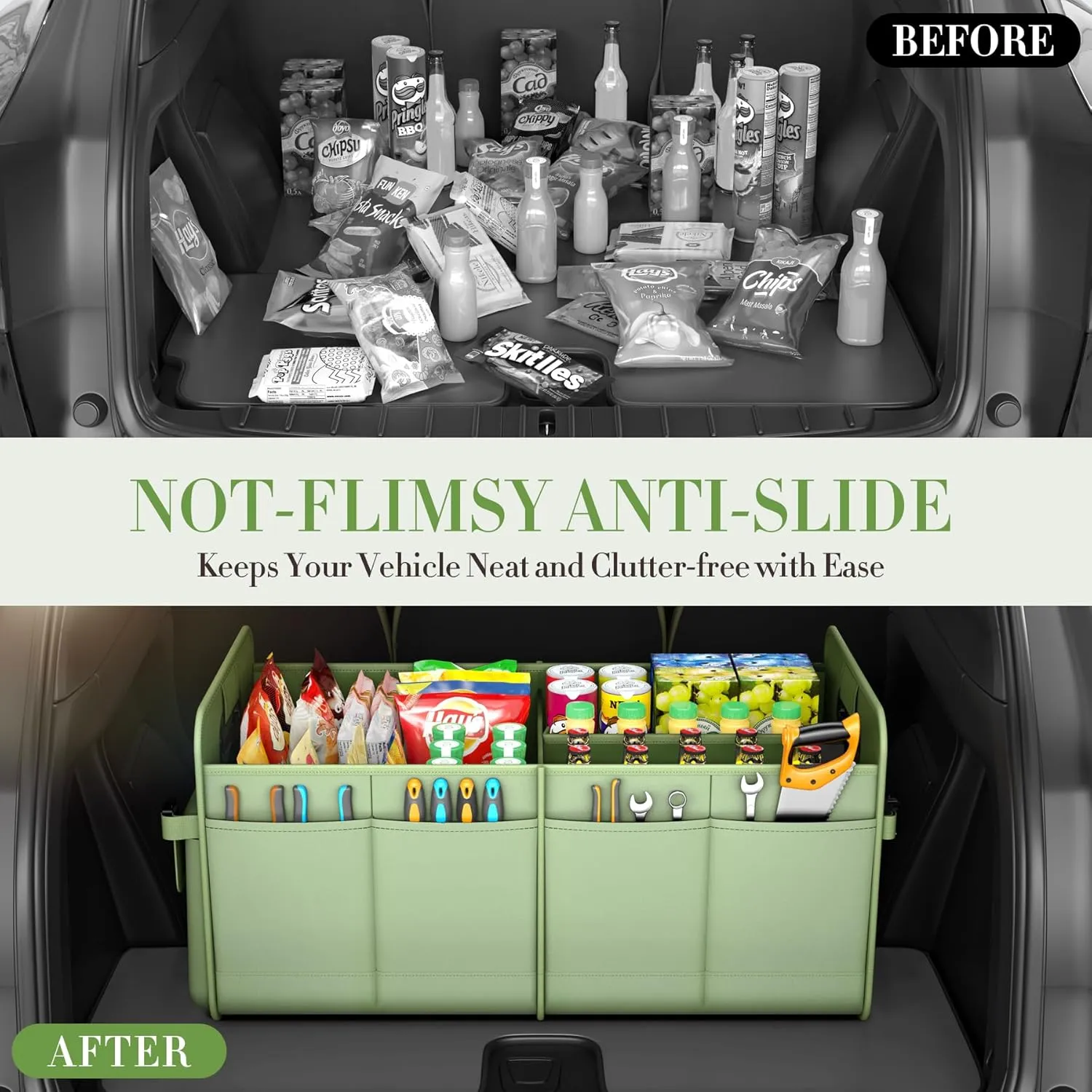 Trunk Organizer SUV, Car Storage Organizer Trunk, NOT-FLIMSY ANTI-SLIDE 70L Spacious Collapsible Sturdy Trunk Organizer for Grocery/Car Accessories/Women Men's Gift, Fruit Green
