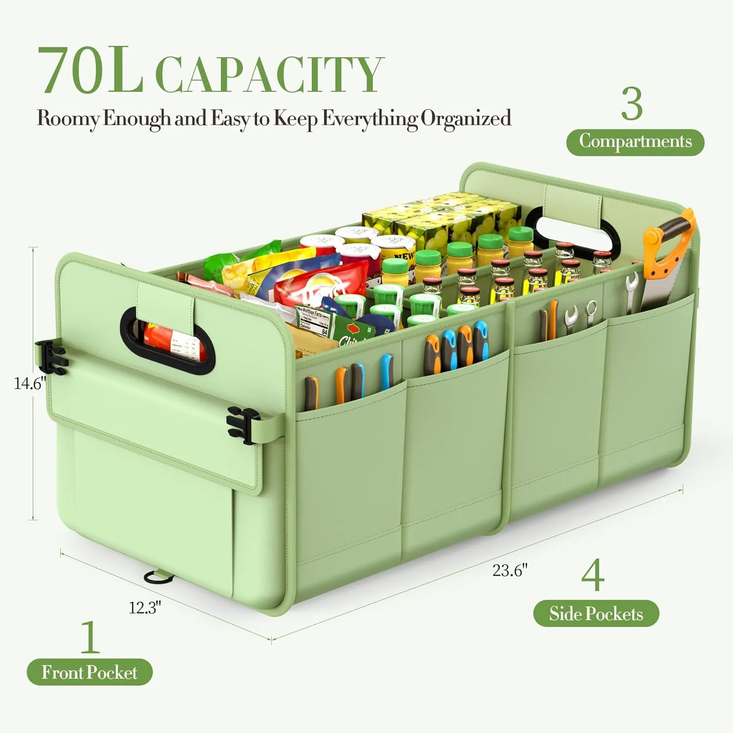 Trunk Organizer SUV, Car Storage Organizer Trunk, NOT-FLIMSY ANTI-SLIDE 70L Spacious Collapsible Sturdy Trunk Organizer for Grocery/Car Accessories/Women Men's Gift, Fruit Green
