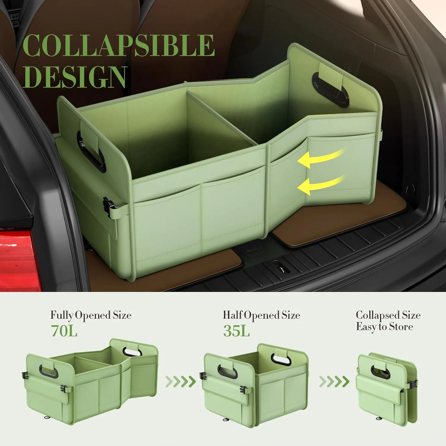 Trunk Organizer SUV, Car Storage Organizer Trunk, NOT-FLIMSY ANTI-SLIDE 70L Spacious Collapsible Sturdy Trunk Organizer for Grocery/Car Accessories/Women Men's Gift, Fruit Green