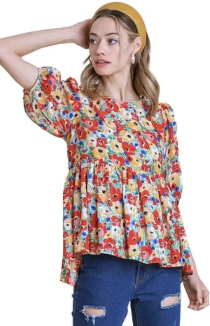 Umgee Women's Floral & Metallic Babydoll Blouse