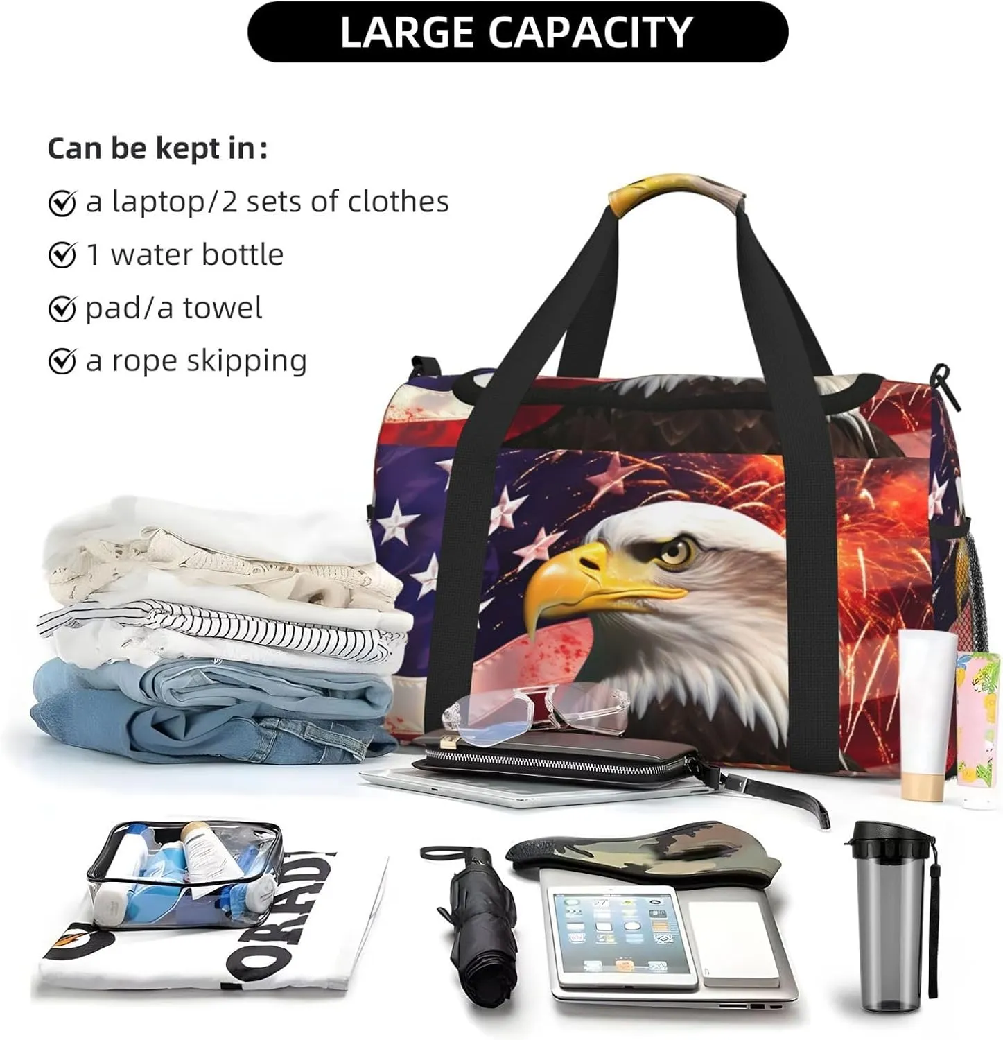Usa Firework Eagle Star Flag Travel Weekender Overnight Bags Foldable Hand Travel Bag Sport Gym Duffel Bag For Men Women