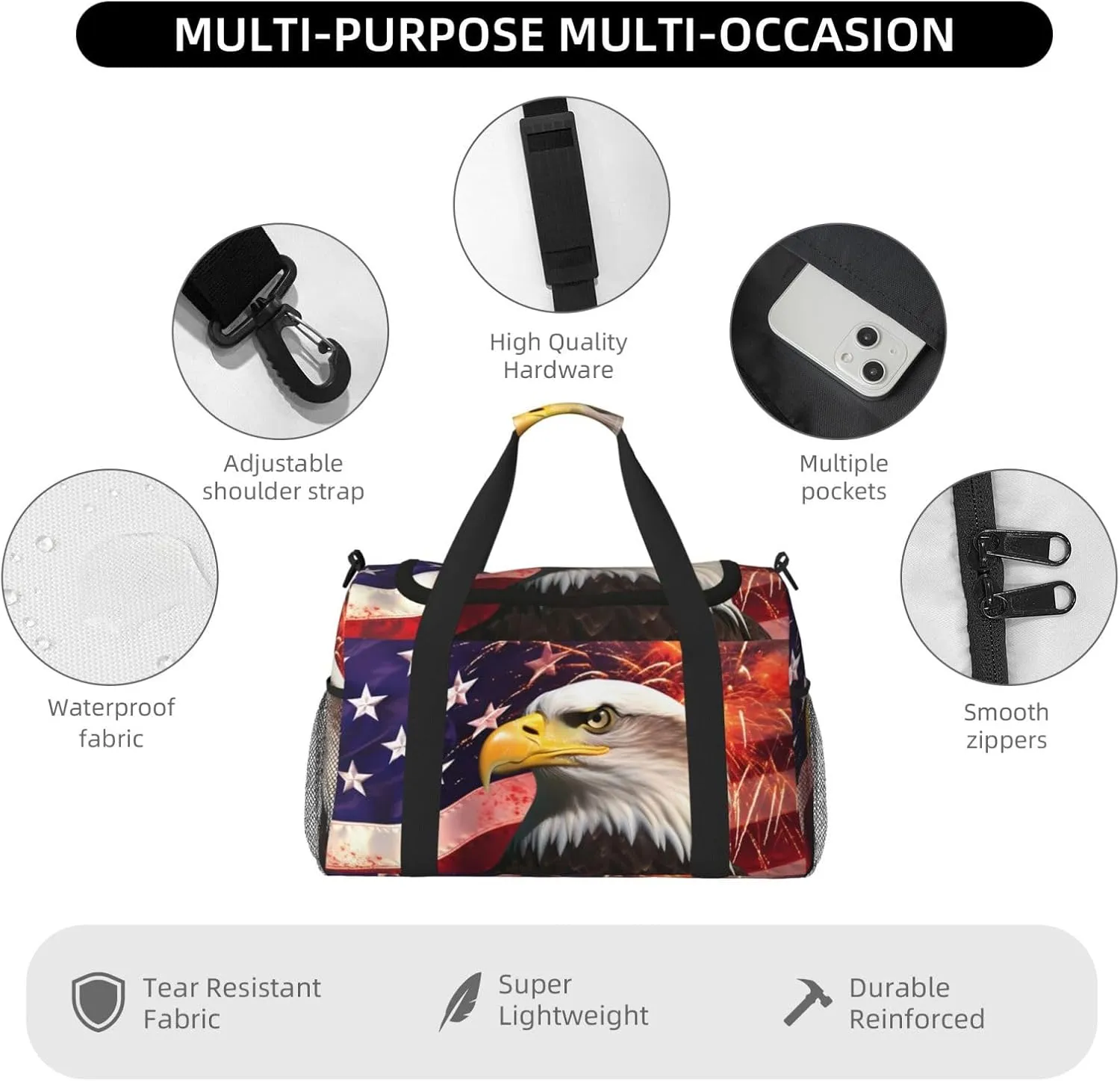 Usa Firework Eagle Star Flag Travel Weekender Overnight Bags Foldable Hand Travel Bag Sport Gym Duffel Bag For Men Women