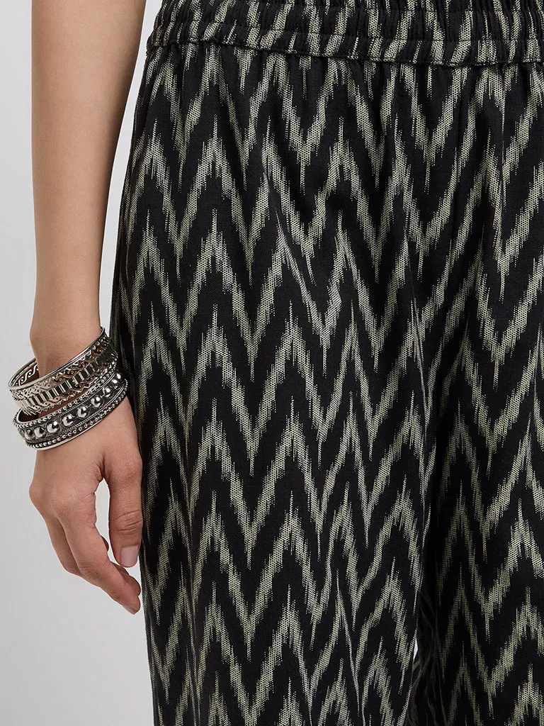 Utsa Black Chevron Ikat Printed Cotton-Blend Ethnic Pants