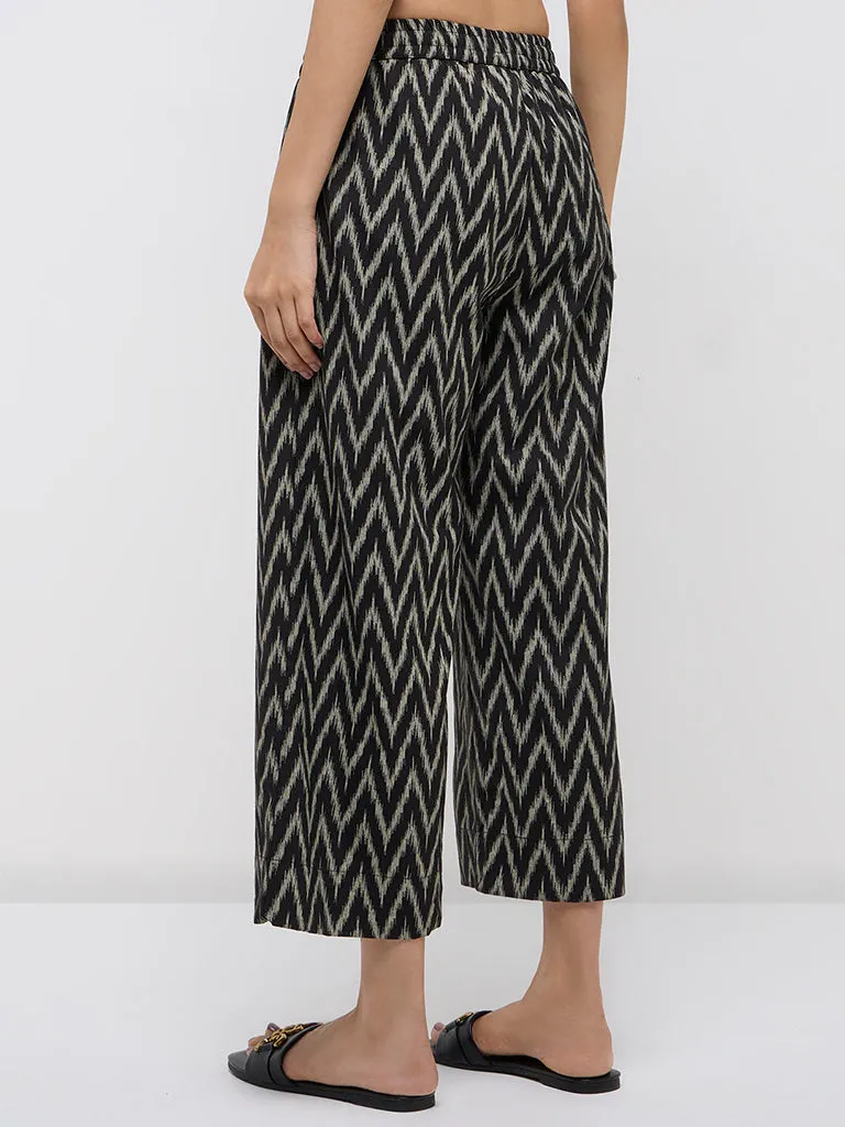 Utsa Black Chevron Ikat Printed Cotton-Blend Ethnic Pants