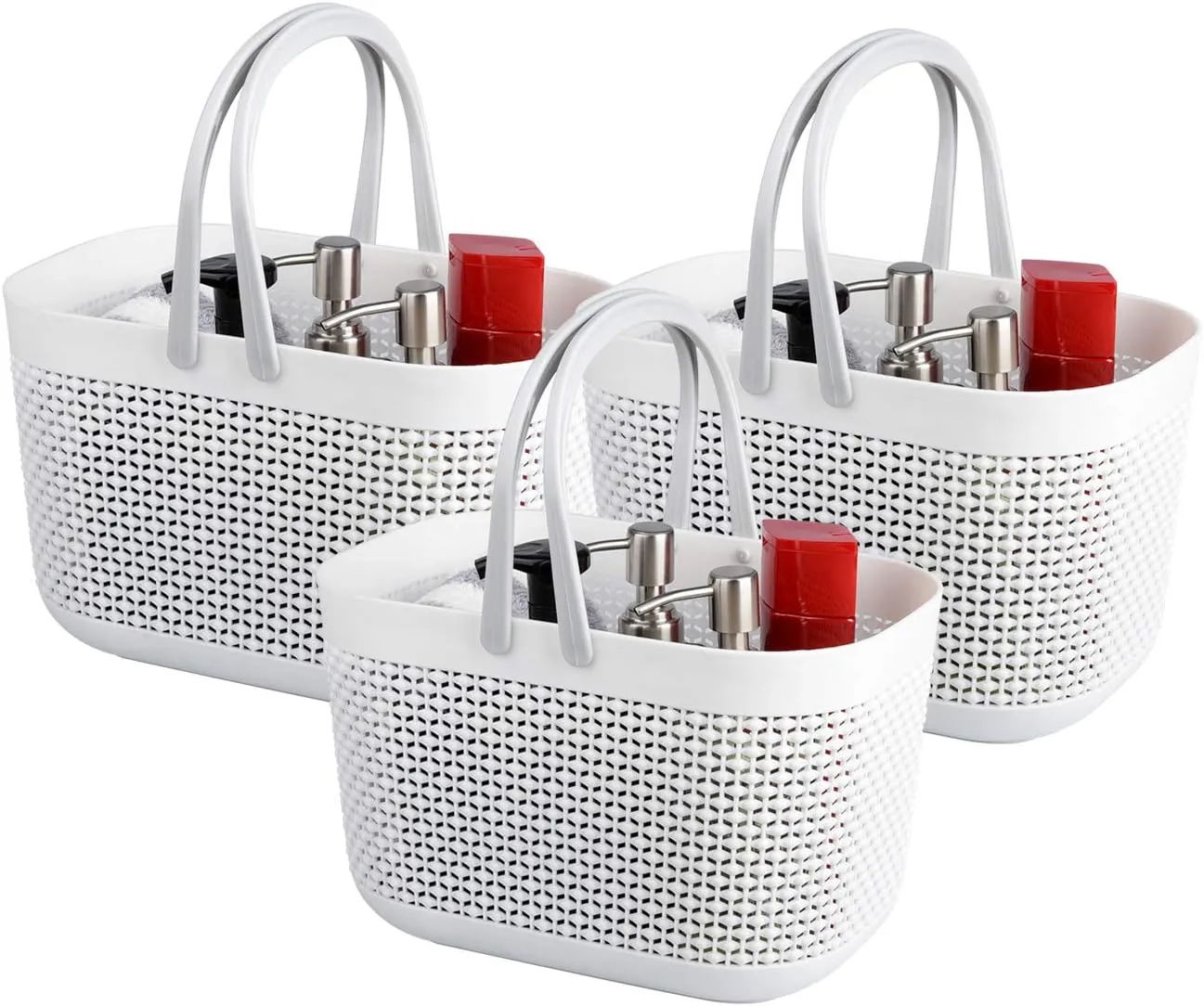 UUJOLY Plastic Storage Baskets with Handle Shower Caddy Organizer Bins for Home Bathroom Kitchen (3 Pack-White)