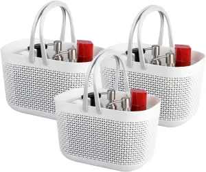 UUJOLY Plastic Storage Baskets with Handle Shower Caddy Organizer Bins for Home Bathroom Kitchen (3 Pack-White)