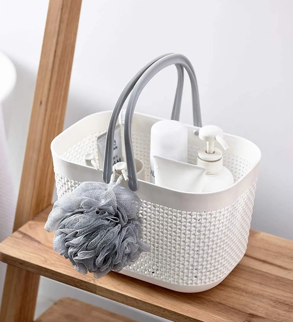 UUJOLY Plastic Storage Baskets with Handle Shower Caddy Organizer Bins for Home Bathroom Kitchen (3 Pack-White)