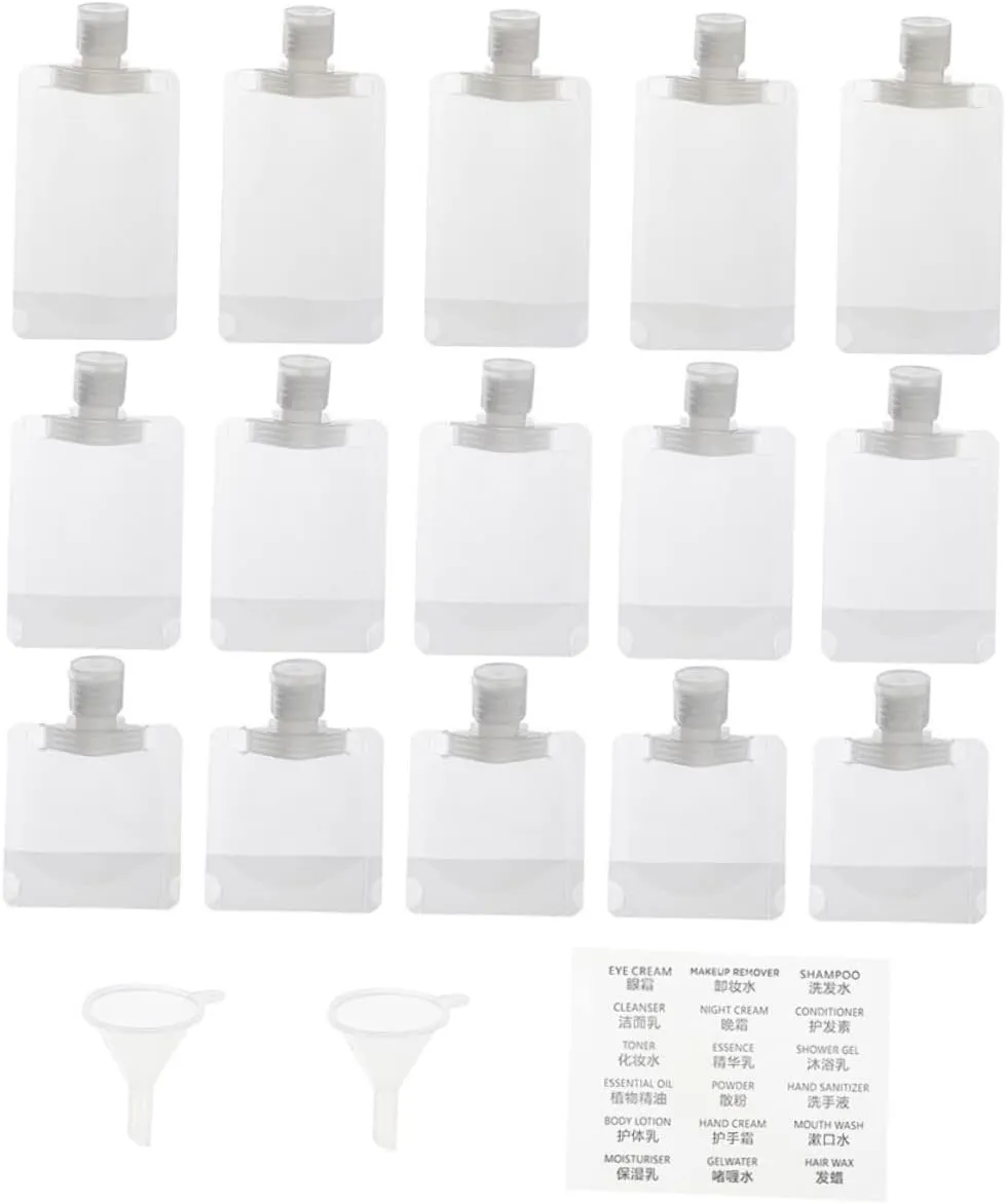 Vaguelly 1 Set Travel Emulsion Packing Bags Portable Squeeze Pouches with Labels Funnels for Easy Storage of Liquids Lotions Oils More