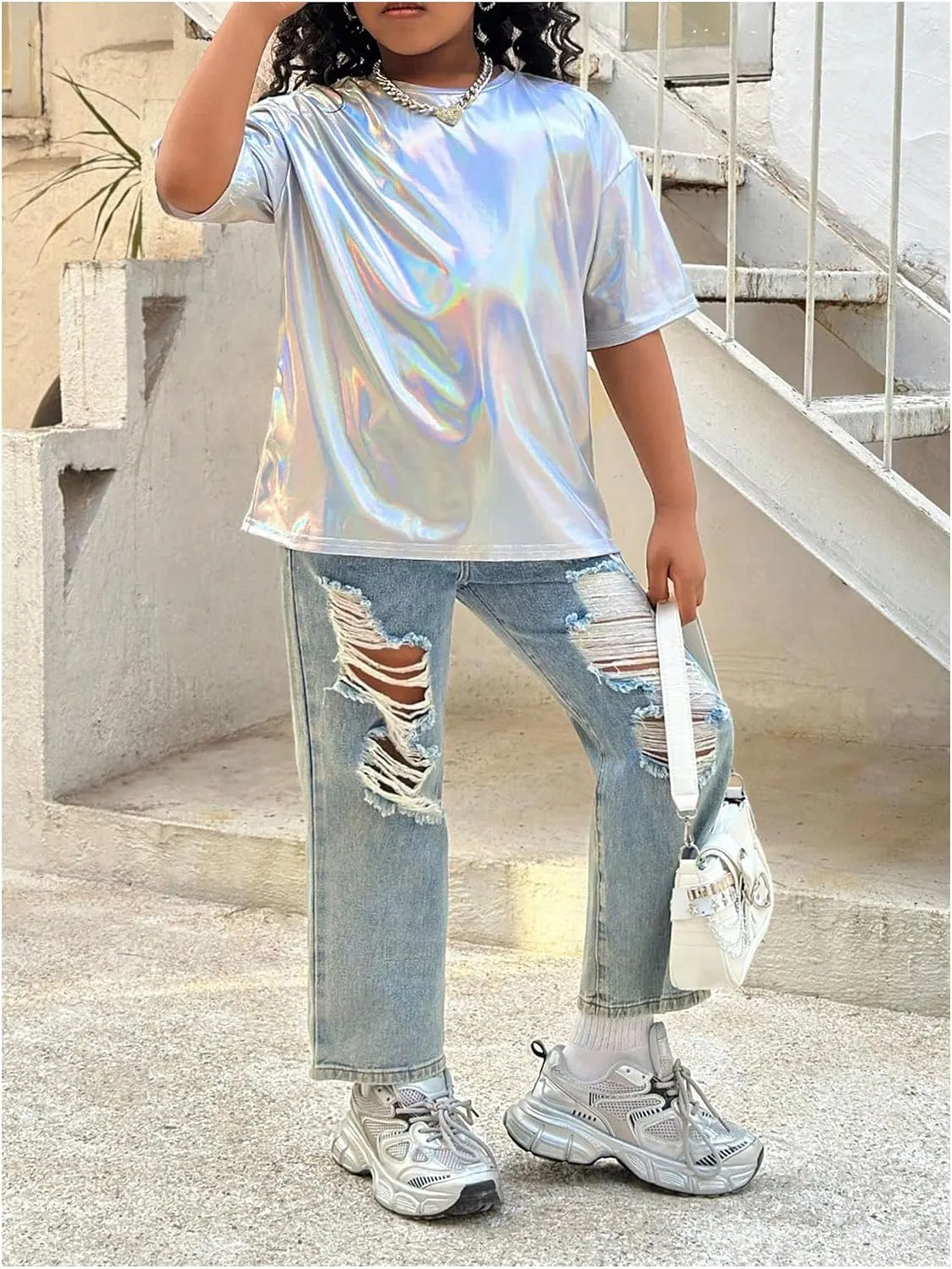 Verdusa Girl's Metallic Oversized T-Shirt Disco Outfits Crew Neck Loose Y2k Dance Tops