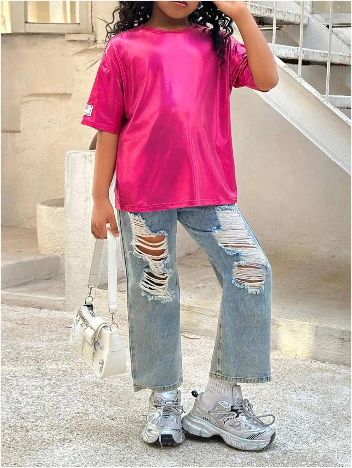 Verdusa Girl's Metallic Oversized T-Shirt Disco Outfits Crew Neck Loose Y2k Dance Tops