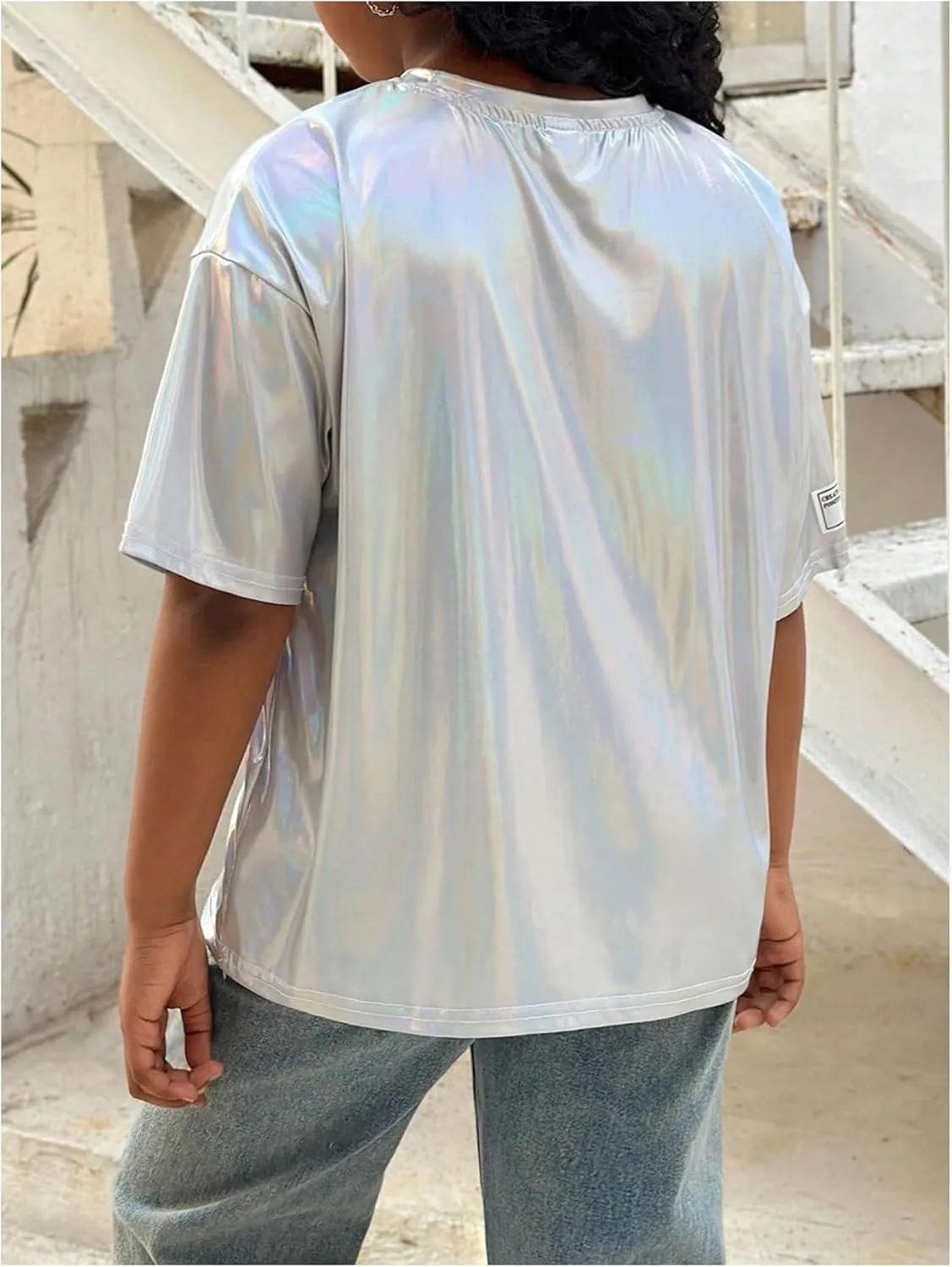 Verdusa Girl's Metallic Oversized T-Shirt Disco Outfits Crew Neck Loose Y2k Dance Tops