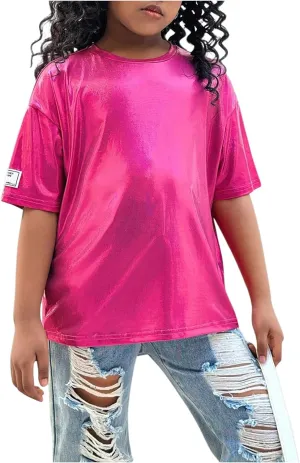 Verdusa Girl's Metallic Oversized T-Shirt Disco Outfits Crew Neck Loose Y2k Dance Tops