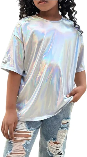 Verdusa Girl's Metallic Oversized T-Shirt Disco Outfits Crew Neck Loose Y2k Dance Tops