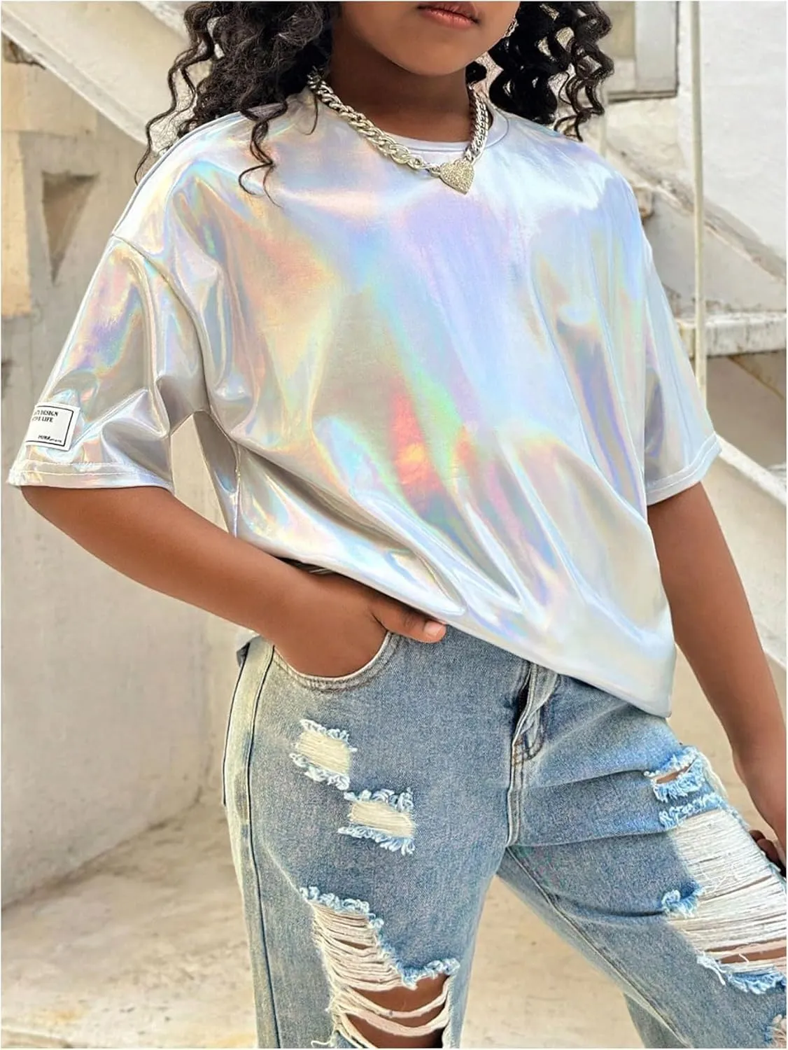Verdusa Girl's Metallic Oversized T-Shirt Disco Outfits Crew Neck Loose Y2k Dance Tops