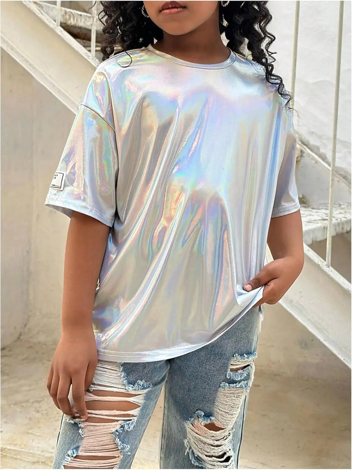 Verdusa Girl's Metallic Oversized T-Shirt Disco Outfits Crew Neck Loose Y2k Dance Tops