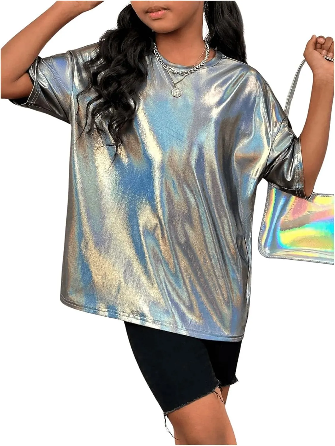 Verdusa Girl's Metallic Oversized T-Shirt Disco Outfits Crew Neck Loose Y2k Dance Tops