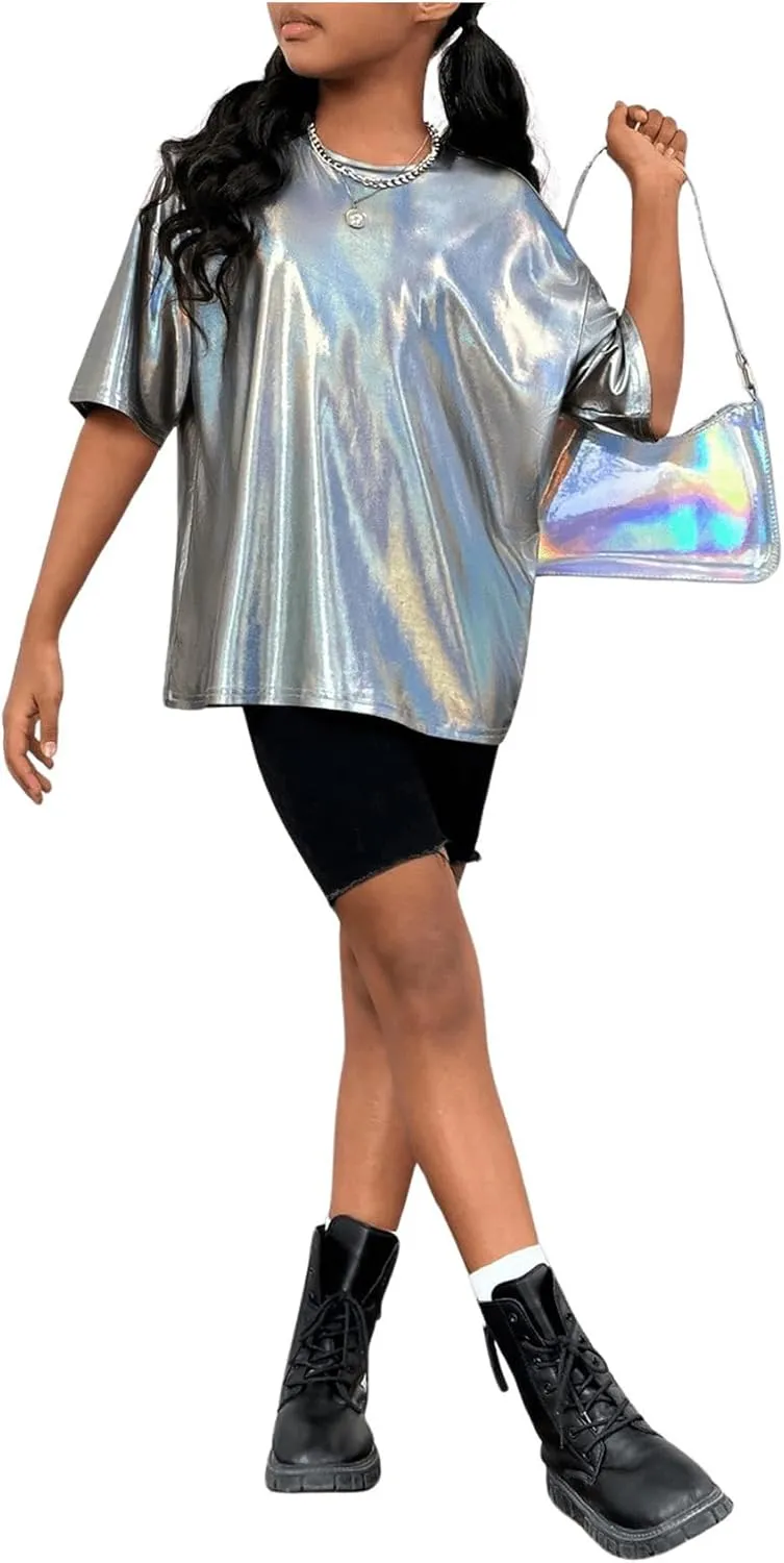 Verdusa Girl's Metallic Oversized T-Shirt Disco Outfits Crew Neck Loose Y2k Dance Tops