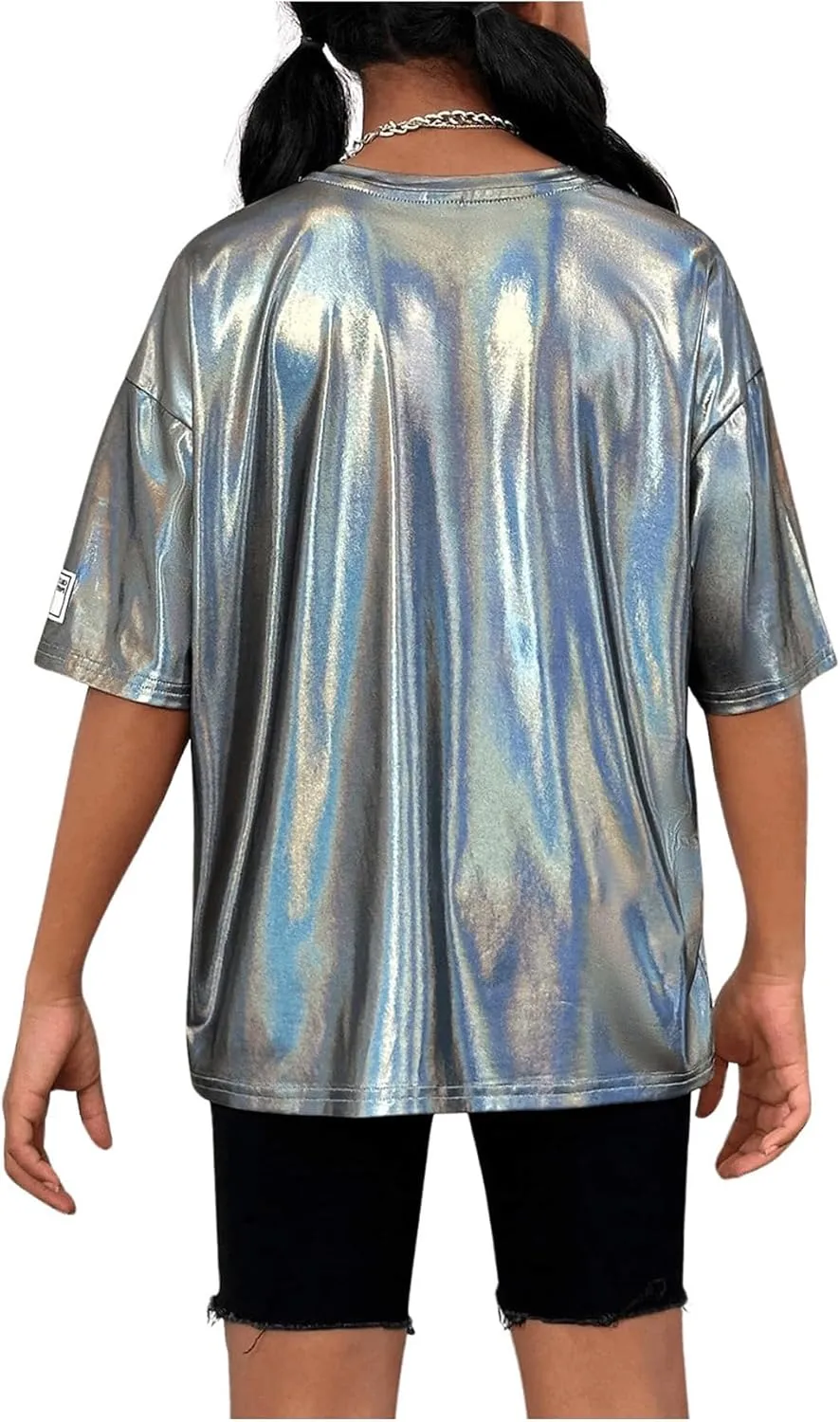 Verdusa Girl's Metallic Oversized T-Shirt Disco Outfits Crew Neck Loose Y2k Dance Tops