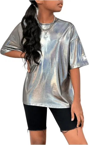Verdusa Girl's Metallic Oversized T-Shirt Disco Outfits Crew Neck Loose Y2k Dance Tops