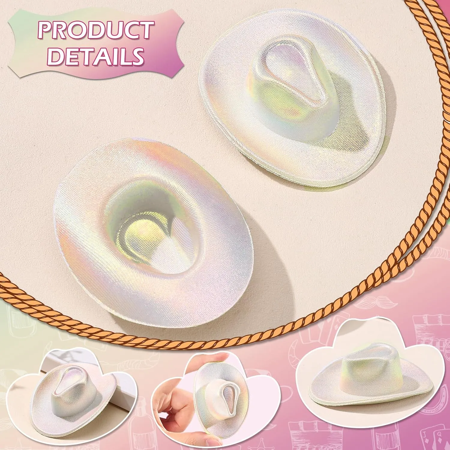 Vesici 20 Pcs Mini Cowgirl Hat Tiny Cowboy Shot Glass Decoration Cute Neon Space Cowgirl Hat Boot Shot for Dollhouse (Laser Silver White)