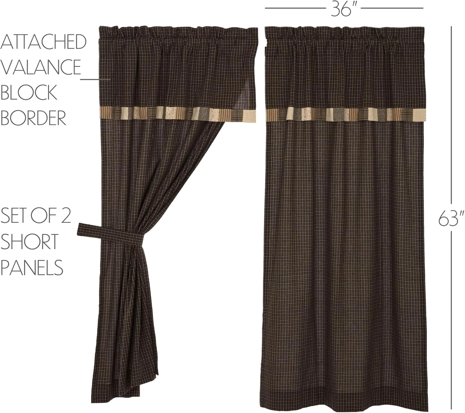 VHC Brands, Kettle Grove, Cotton, 63x36, Short Panel with Attached Valance, Block Border, Set of 2, Tan