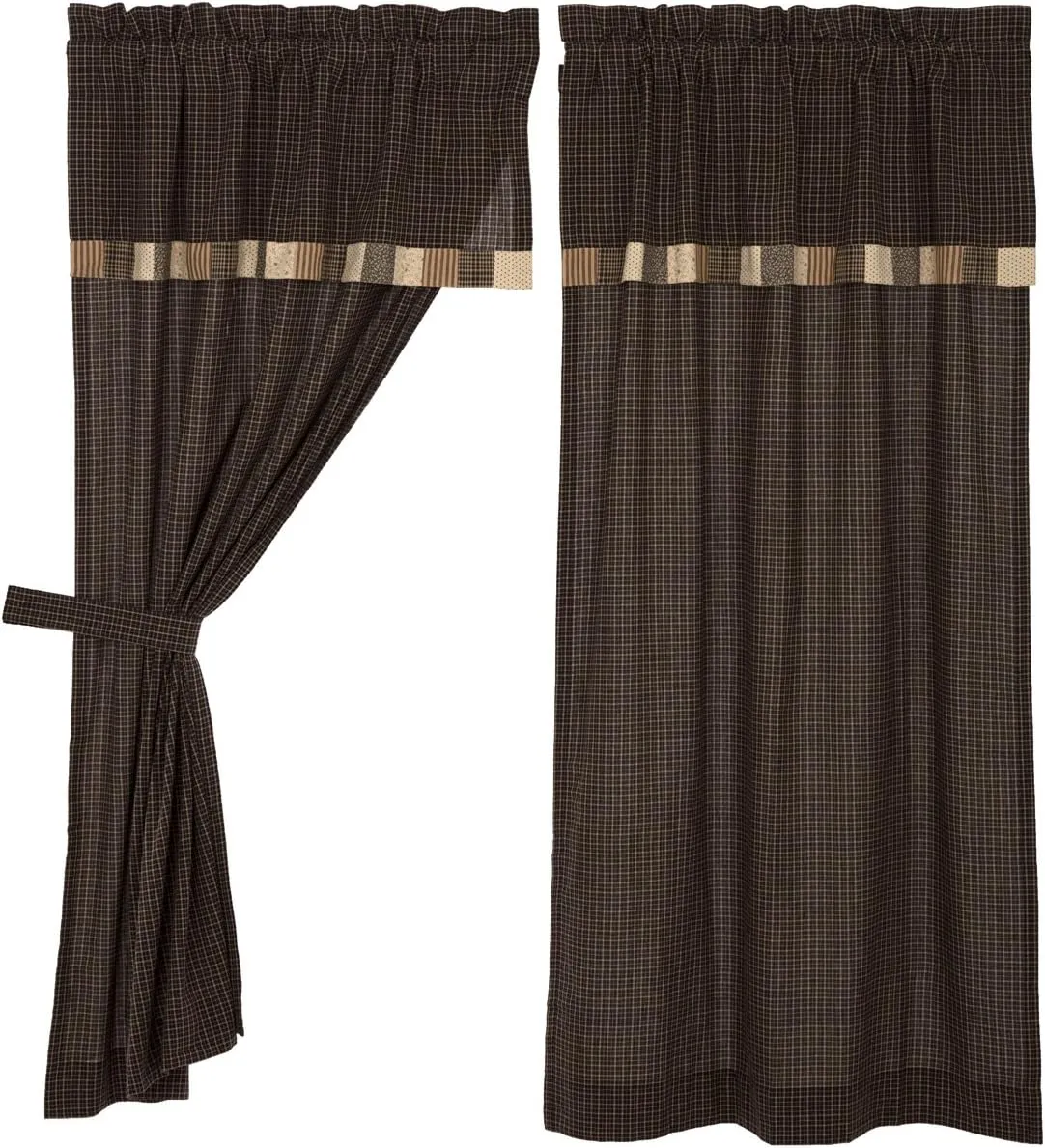 VHC Brands, Kettle Grove, Cotton, 63x36, Short Panel with Attached Valance, Block Border, Set of 2, Tan