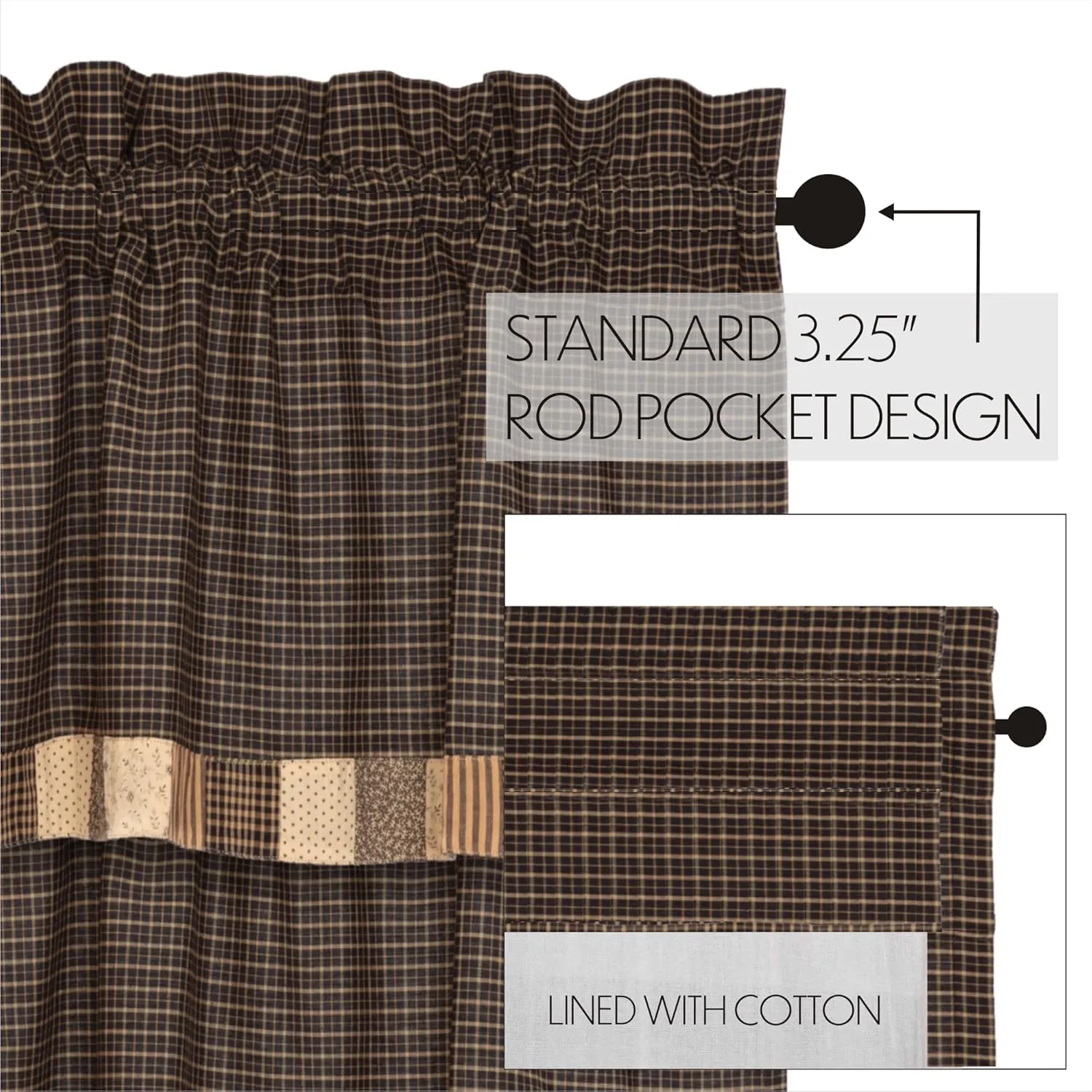 VHC Brands, Kettle Grove, Cotton, 63x36, Short Panel with Attached Valance, Block Border, Set of 2, Tan