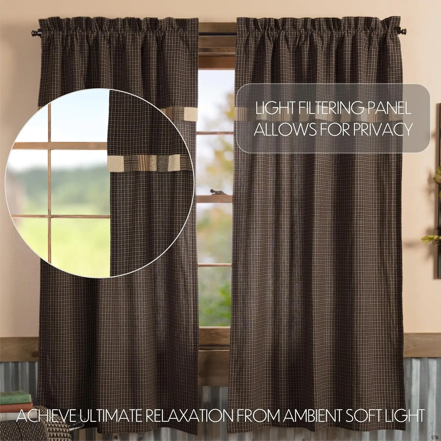 VHC Brands, Kettle Grove, Cotton, 63x36, Short Panel with Attached Valance, Block Border, Set of 2, Tan
