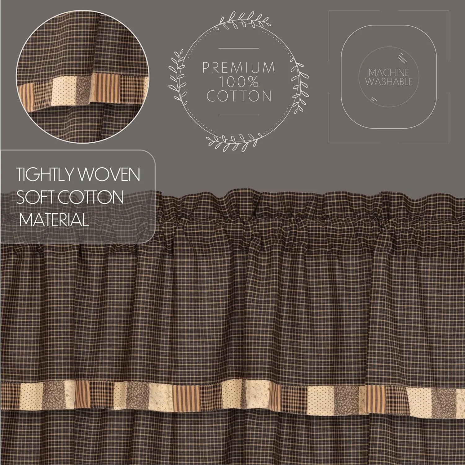 VHC Brands, Kettle Grove, Cotton, 63x36, Short Panel with Attached Valance, Block Border, Set of 2, Tan