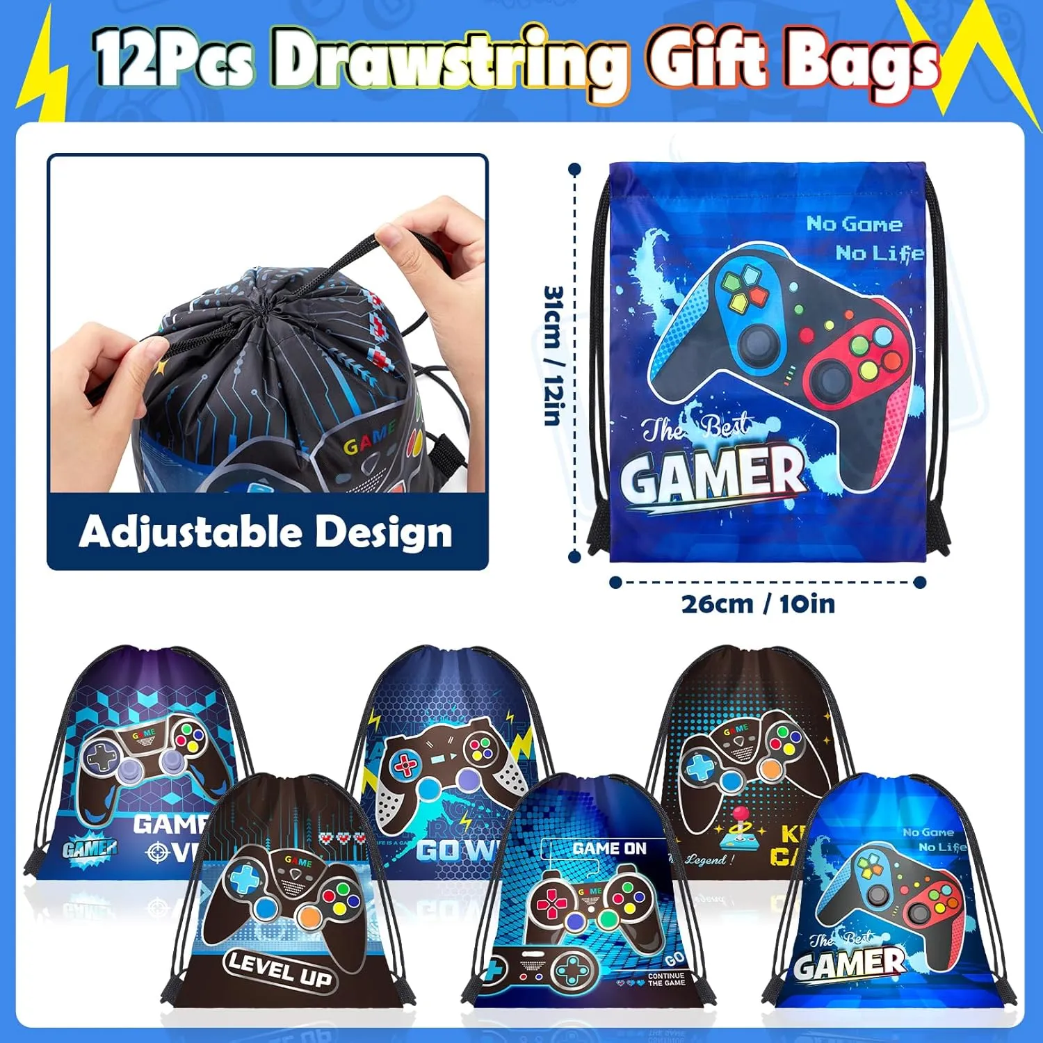 Video Game Party Favors Birthday Supplies, Gamer Drawstring Bag Keychain Silicone Bracelet Tattoo Sticker, Gamer Gaming Birthday Party Favor Goodie Bag Stuffers Fillers Classroom Rewards for Kids