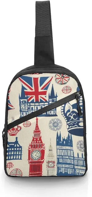 Vintage England London Big Ben Red Blue Crown Sling Backpack Crossbody Shoulder Bag Casual Chest Bag Travel Hiking Daypack