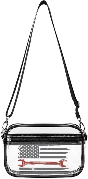 Vintage Mechanic U.S. Flag Clear Purse Stadium Crossbody Bags for Women and Men Adjustable Shoulder Handbags