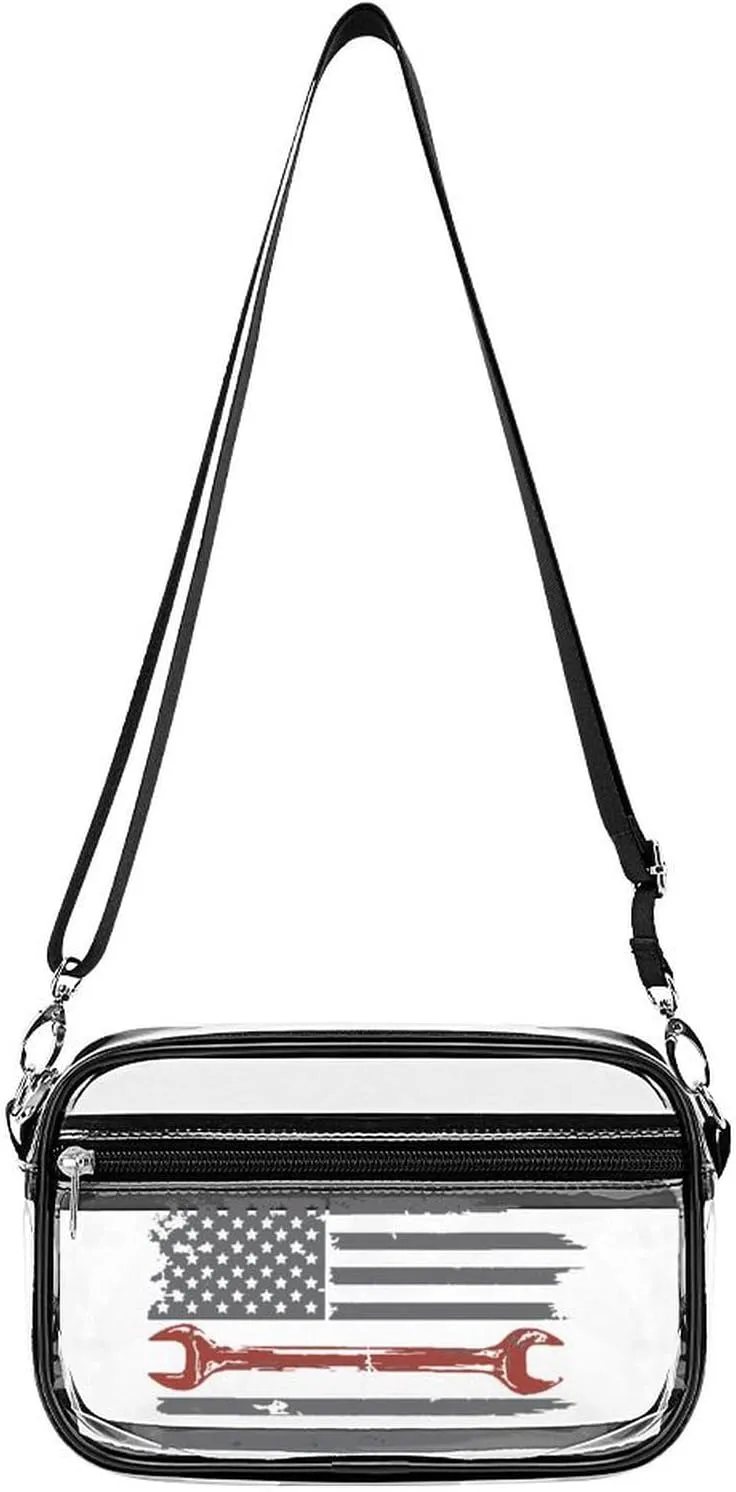 Vintage Mechanic U.S. Flag Clear Purse Stadium Crossbody Bags for Women and Men Adjustable Shoulder Handbags