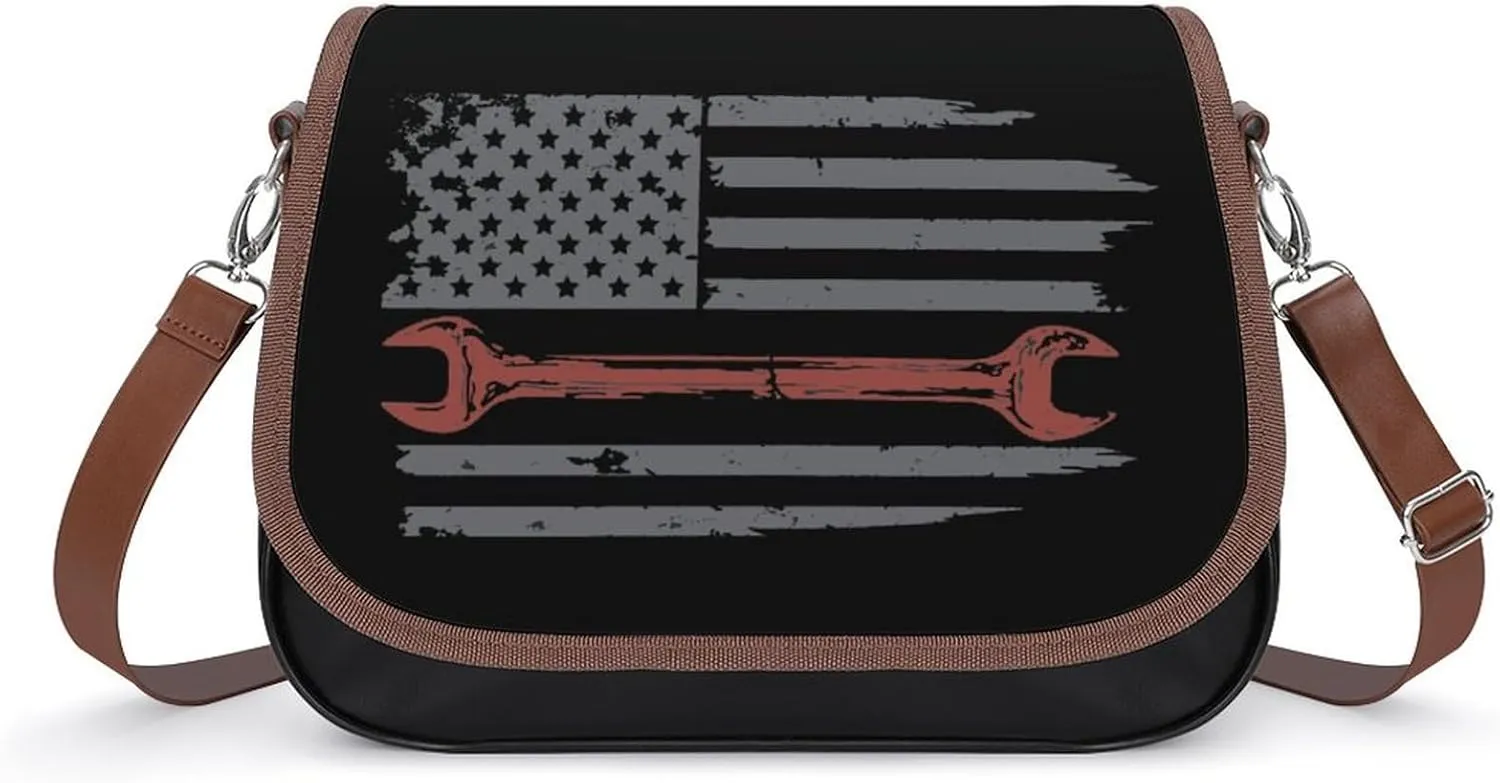 Vintage Mechanic U.S. Flag Fashion Crossbody Bags Purses for Women Funny Printing Shoulder Handbags Gifts