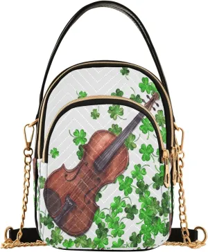 Vintage Violin Clover Crossbody Handbags for Women Casual Leather Shoulder Phone Purse