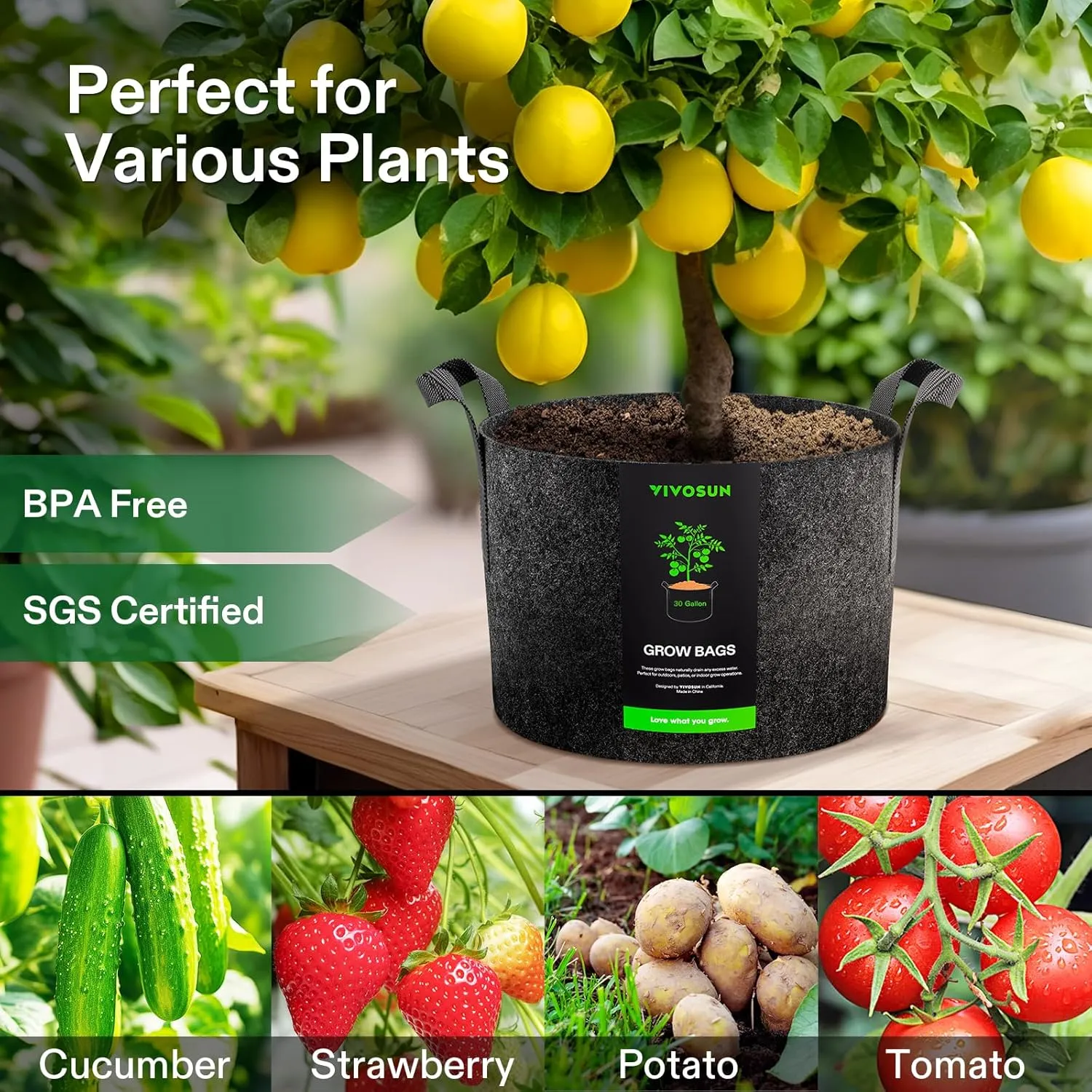 VIVOSUN 5-Pack 30 Gallons Grow Bags, Heavy Duty Thickened Nonwoven Fabric Pots with Handles