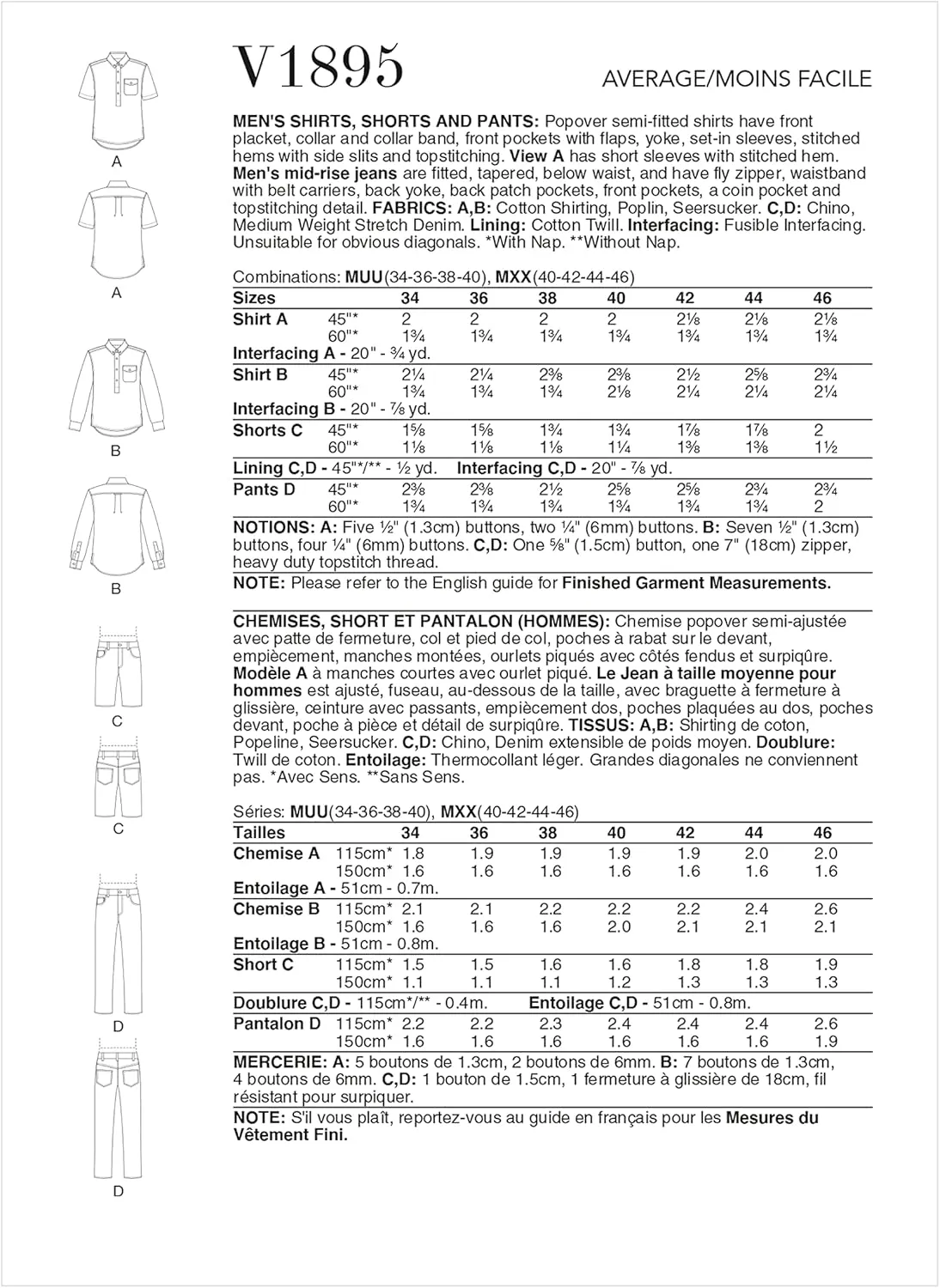 Vogue Men's Semi-Fitted Shirt, Shorts, and Mid-Rise Jeans Sewing Pattern Kit, Design Code V1895, Sizes 34-36-38-40