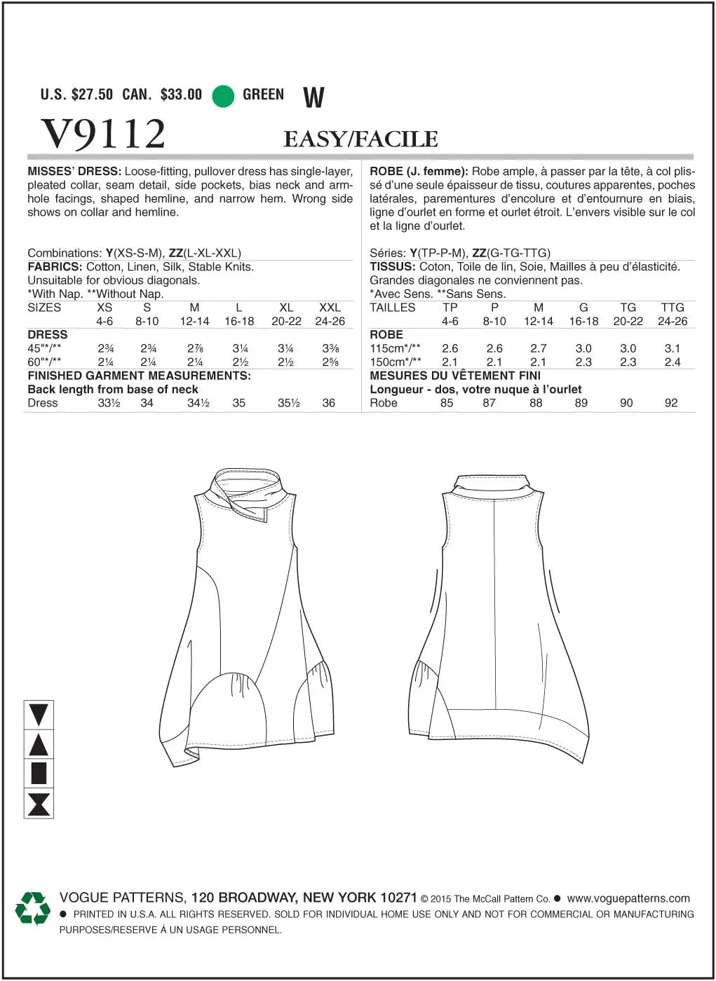 Vogue Patterns V9112 Misses' Dress, Size Y (XSM-SML-MED)