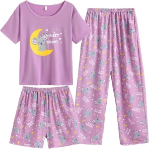 Vopmocld Big Girls' Short Sleeve & Shorts & Pants Pajama Sets 3PCS Cartoon Patterns Cute Lounge Sets for Teens 8-18 Years