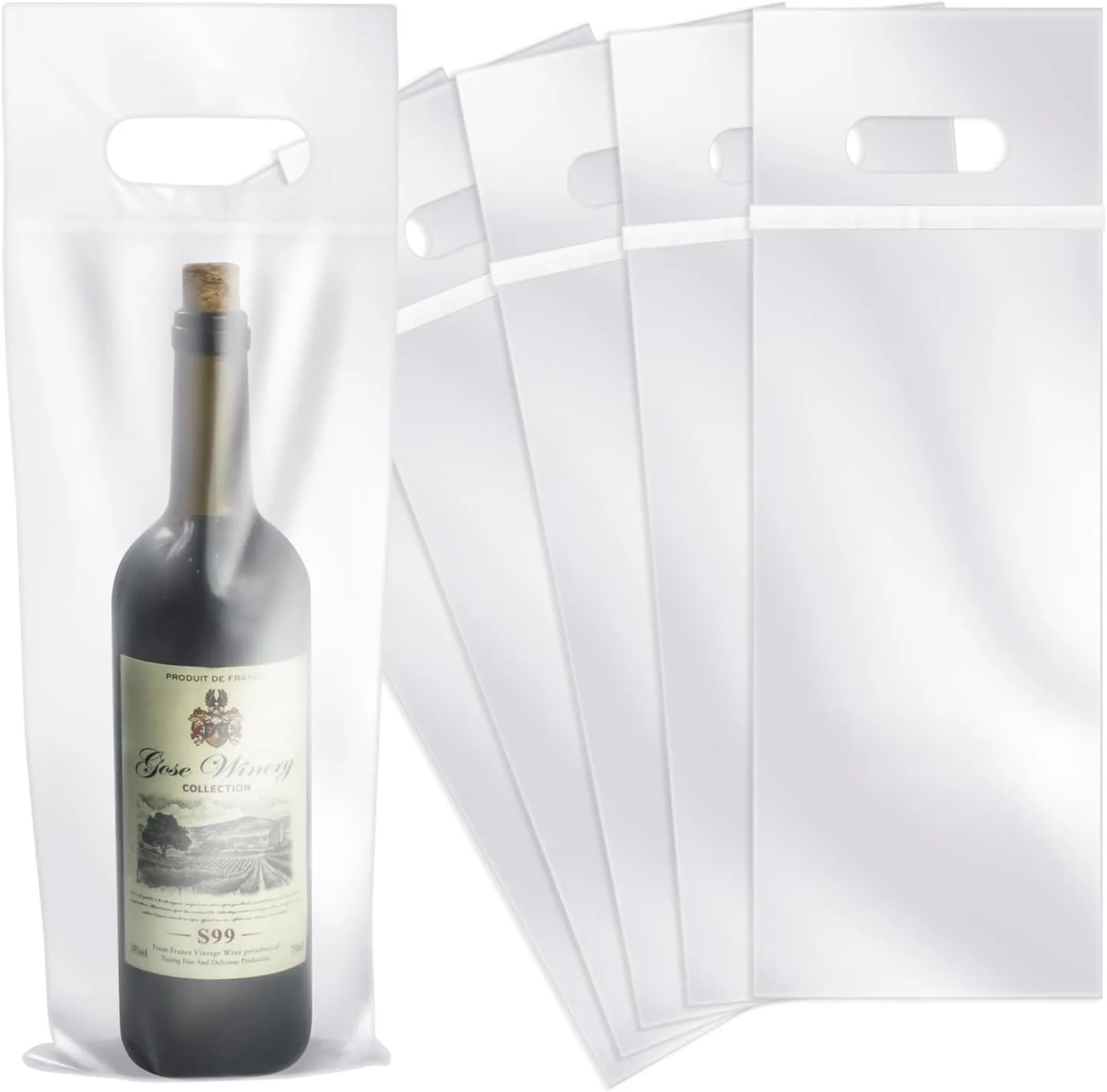 Vowcarol 100 Pack Plastic Wine Bags with Handles-Fit 25 oz Bottles - Tamper Proof Seal for Transporting Open Wine Bottles- Wine Bags To Go