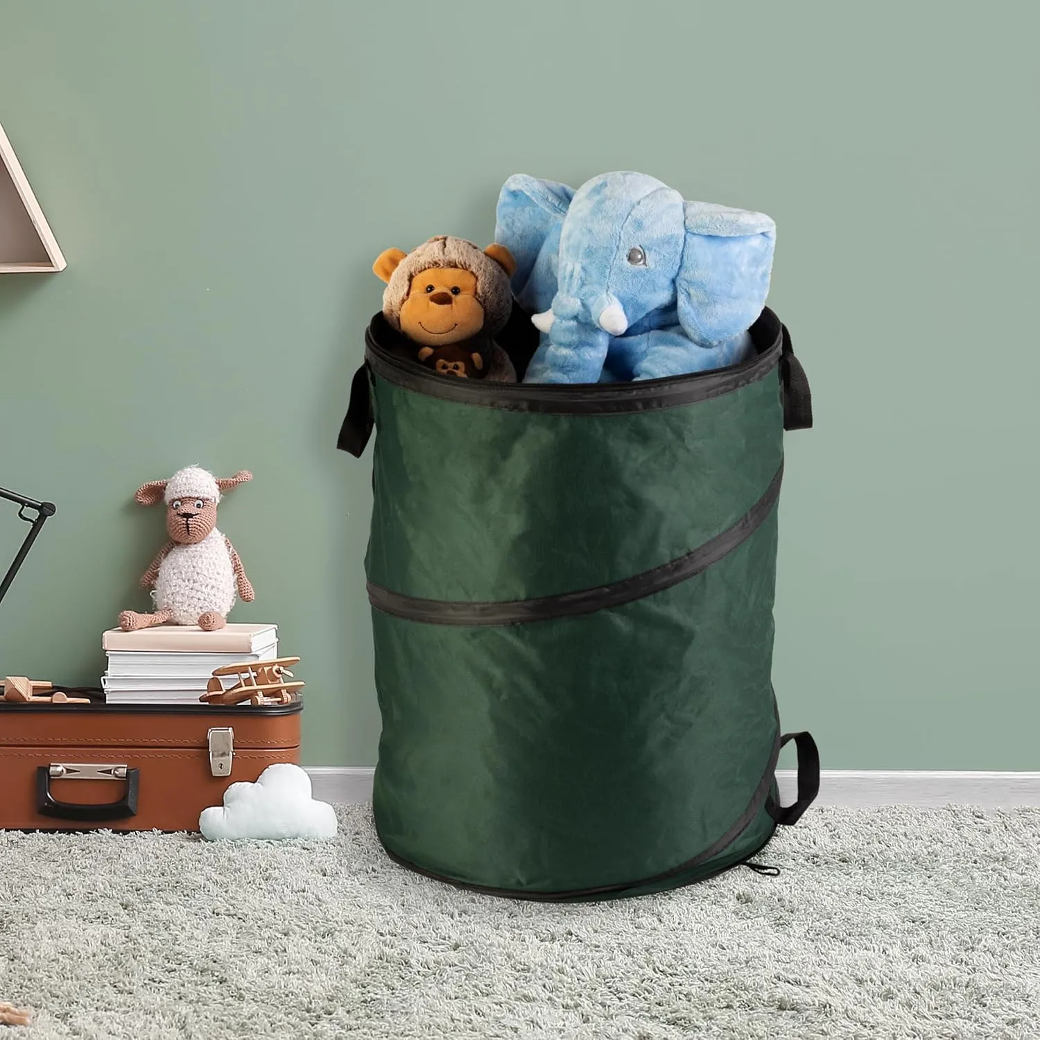 Wakeman Outdoor Trash Can - 46-Gallon Collapsible Garbage Can with 3 Stakes - Pop Up Trash Bin for Camping, Storage, or Yard Waste Outdoors (Green)